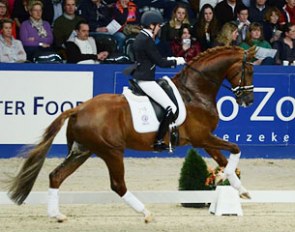 Emmelie Scholtens and Charmeur win the 2013 KWPN Stallion Competition Finals :: Photo courtesy KWPN.nl