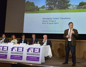 Maury Peiperl (USA), Professor of Leadership and Strategic Change at IMD business school, makes a presentation to the FEI Sports Forum. The panellists are Sergei Aschwanden (SUI), HRH Princess Haya, Claudia Bokel, Harald Müller, and Richard Nicoll