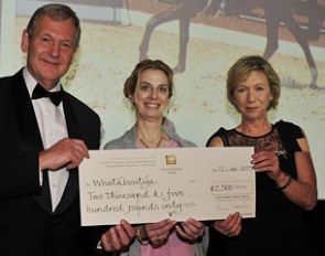 David Buckton and Di Arbuthnot present Karen Mathers with the award and winner's cheque at the 2013 British Breeders' Award Ceremony :: Photo © Trevor Meeks