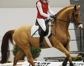 Ingrid Klimke schooling Liostro in a snaffle and riding without stirrups