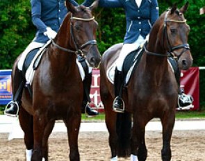 Hof Kasselmann's assistant trainers Borja Carrascosa on High Lane and Eva Möller on Double D top the 6-year old division at the 2013 Steinhagen Bundeschampionate qualifier :: Photo © Alexander Br.