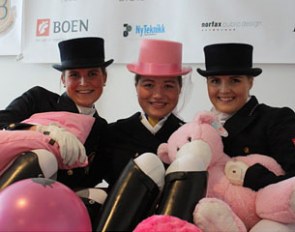The top three Young Riders at the 2013 CDI Vestfold: Charlotte Finjarn, Ellinor Magnusson and Anniken Hals. The Vestfold CDI also raises money for Breast Cancer Research, hence the pink gadgets :: Photo © Dressur Sa Klart