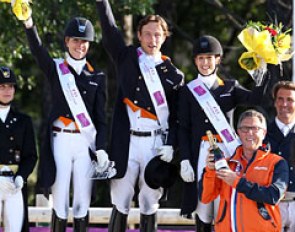 The Netherlands emerged victorious at the opening leg of the FEI Nations Cup Dressage pilot season at Vidauban, France. On the podium are Katja Gevers, Laurens van Lieren and Stephanie Peters with team coach Wim Ernes :: Photo © Astrid Appels