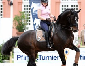 Jenny Lang schooling Loverboy in front of the Wiesbaden castle