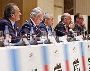 The five candidates standing for election to the FEI Presidency: Pierre Durand (FRA), John McEwen (GBR), Ingmar De Vos (BEL), Pierre Genecand (SUI) and Ulf Helgstrand (DEN), at the 2014 FEI General Assembly.