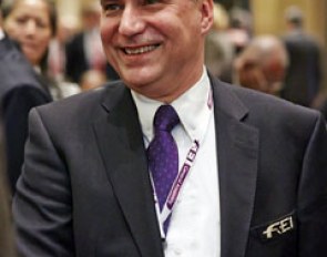 Ingmar De Vos was surrounded by well-wishers after his landslide victory in the election for the FEI Presidency in Baku (AZE) 
