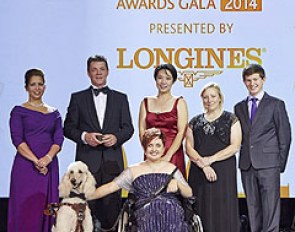 The 2014 FEI Award recipients: HRH Princess Haya, Jeroen Dubbeldam (NED), Melissa Tan (SIN) chairman of equine therapy centre Equal Ark, Jackie Potts (GBR), Lambert Leclezio (MRI) with Sydney Collier (USA) and her service dog Journey