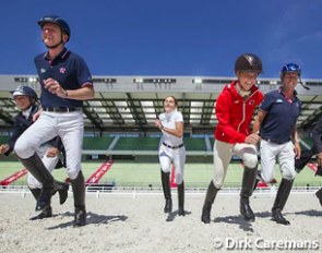 Ready, steady, go! Dressage athletes Constance Menard, Gareth Hughes, Julia Chevanne, Caroline Hacki, Carl Hester at the 2014 World Equestrian Games test event in Normandy :: Photo © Dirk Caremans