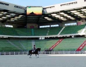 The first horse in the revamped D'Ornano stadium which has been readied for the CDI/CSI Caen World Equestrian Games' Test Event on 23 - 26 June 2014