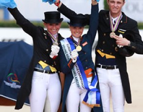 The Young Rider individual test podium with Lisa Maria Klossinger, Anne Meulendijks, and Sönke Rothenberger