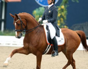 Catherine Haddad-Staller on Hotmail. This horse shows great improvement in a short period of time. He's a very expressive, supple mover but the half halting with elbows behind the body and piano hands could have been more subtle.