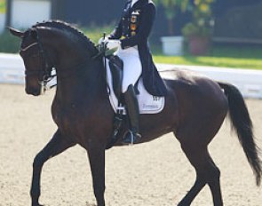 Fabienne Lutkemeier on the gorgeous Sole Mio. The trot extensions were a highlight. In piaffe and passage the horse does not carry enough behind and the extended walk was mediocre. They showed good two tempi changes