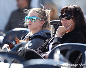 Morgan Barbançon Mestre with two of her Chihuahuas and mom Carmen watching the Grand Prix