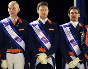 The Dutch team of Diederik van Silfhout, Laurens van Lieren and Tommie Visser on the top step of the podium following their victory at the 2nd leg of the FEI Nations Cup Dressage 2014 pilot series at Vidauban :: Photo © Rui Pedro Godinho