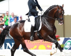 Beatrice Buchwald on the Westfalian stallion Den Haag (by Diamond Hit x Florestan I). The horse worked well in trot, showed an outstanding walk but failed in the first flying change, the second one was super
