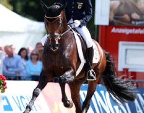 German Ingrid Klimke struggled to get the distracted stallion Franziskus on the job. The stallion got very wide behind in the extensions and wings the front legs. The walk didn't happen today and it made them drop in the ranking