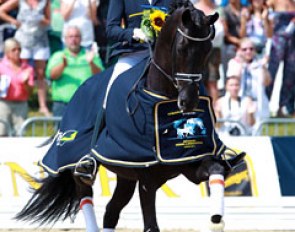 Gerdine Maree and Dream Boy win the 6-year old preliminary test at the 2014 World Young Horse Championships :: Photo © Astrid Appels