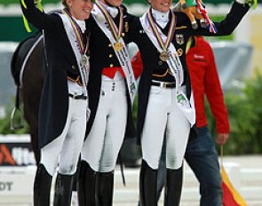 The Grand Prix Special podium at the 2014 World Equestrian Games: Helen Langehanenberg, Charlotte Dujardin, Kristina Sprehe :: Photo © Astrid Appels