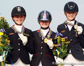 The Individual Test podium at the 2015 European Pony Championships: Nadine Krause, Phoebe Peters, Helen Erbe :: Photo © Astrid Appels