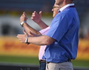 Oliver Oelrich and Jurgen Koschel giving instructions to the Under 25 quadrille that performed in Aachen at the 2015 European Championships