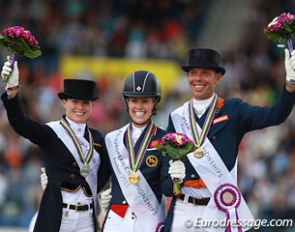 The Grand Prix Special podium at the 2015 European Dressage Championships: Kristina Bröring-Sprehe, Charlotte Dujardin and Hans Peter Minderhoud :: Photo © Astrid Appels