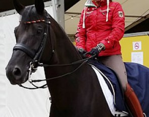 Kristina Sprehe leaving the stables to school Desperados the day before the competition