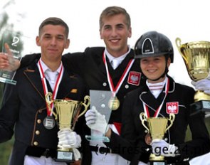 The Young Rider podium with Tomasz Jasinski, Jan Gawecki and Michalina Terlecka at the 2015 Polish Dressage Championships :: Photo © Dressage24.pl