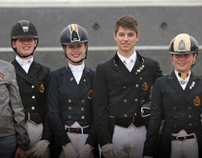 The gold medal winning Belgian Junior team at the 2015 CDIO Saumur: chef d'equipe Laurence van Doorslaer with Laura Luyten, Antonia Arl, Numa Verberne, and Kate Wiggins :: Photo © Karin Leon