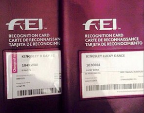 FEI Passports with horse's name and sponsor Kingsley as prefix 