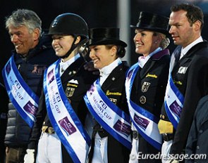 The German team wins the 2015 CDIO Nations' Cup leg in Vidauban: the German chef d'equipe with team riders Sanneke Rothenberger, Victoria Michalke, Bernadette Brune, and Thomas Wagner on the podium :: Photo © Astrid Appels