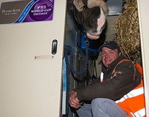 Olympic champion and World Cup title holder Valegro, who competes for the UK in partnership with Charlotte Dujardin, and his groom Alan Davies smile before boarding their flight to Las Vegas, USA :: Photo © Dirk Caremans