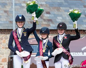The kur podium at the 2016 European Pony Championships : Tabea Schroer, Lucie-Anouk Baumgürtel, Louise Christensen :: Photo © Digishots