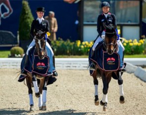 Isabel Freese and Ingrid Klimke in their lap of honour for winning the Nurnberger Burgpokal warm up class at the 2016 CDI Hagen :: Photo © Stefan Lafrentz
