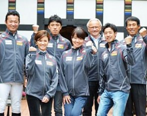 The Japanese Dressage Team for the 2016 Olympic Games: Kiichi Harada, Yuko Kitai, Shingo Hayashi, Akane Kuroki, team manager Jurgen Koschel, Masanao Takahashi and chef d'equipe Terui Shinichi