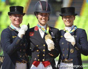 The individual medal podium at the 2016 Olympic Games: Isabell Werth (silver), Charlotte Dujardin (gold), Kristina Bröring-Sprehe (bronze) :: Photo © Astrid Appels