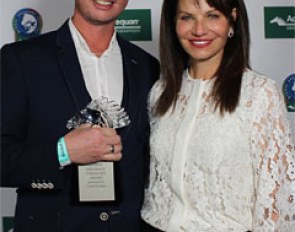 Carol Cohen presents the Global Dressage Visionary Award to Olympian Carl Hester at the Adequan Global Dressage Festival