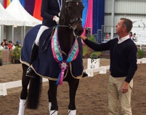 Maree Tomkinson on Donna Elena getting congratulated by sponsor Dr. Ulf Möller representing PSI/Hof Kasselmann at 2016 CDI-W Werribee