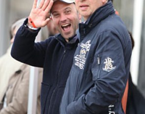 Helen Langehanenberg's husband David Lichtenberg with stallion keeper Jens Meyer, who manages Damsey for owner Louise Leatherdale in Germany