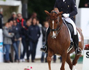 Pierre Volla and Badinda Altena competing in the 2017 CDIO Compiegne Grand Prix, the French team watching behind him :: Photo © Astrid Appels