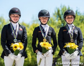 The individual test podium at the 2017 European Pony Championships: Louise Christensen, Lucie-Anouk Baumgürtel, Jana Lang :: Photo © Lukasz Kowalski