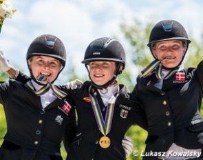 The kur podium at the 2017 European Pony Championships: Louise Christensen, Lucie-Anouk Baumgürtel, Sara Aagaard Hyrm :: Photo © Lukasz Kowalski