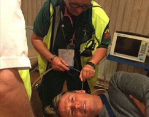 Carl Hester getting his ears syringued to fix temporary hearing loss at the 2017 European Dressage Championships