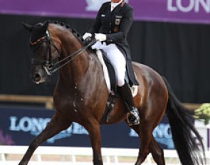 Dorothee Schneider and Sammy Davis Jr performed to tango music arranged in a fun and hip way. The young Bavarian gelding still needs to develop more strength from behind to stay fresh and strong during a long championship week