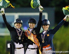 The individual test podium with Anna Christina Abbelen, Hannah Erbe, Jasmien de Koeyer at the 2017 European Young Riders Championships :: Photo © Astrid Appels