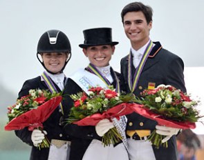 The individual Short Grand Prix podium at the 2017 European Under 25 Championships: Anne Meulendijks, Lisa Maria Klössinger, Juan Matute Guimon :: Photo © Rainer Dill