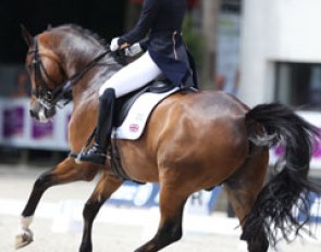 Lara Butler (née Griffith) and Rubin al Asad at their second show in a year time. The bay gelding has much airtime in the passage but needs to move the hindlegs more under in piaffe