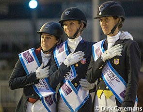 Team U.S.A on the podium at the 2017 CDIO Rotterdam: Kasey Perry-Glass, Laura Graves, Olivia Lagoy-Weltz :: Photo © Dirk Caremans