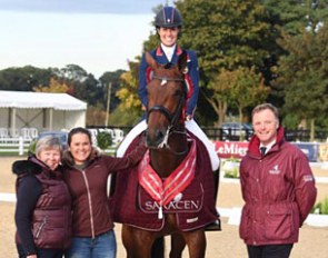 Owners Jill and Emma Blundell with Charlotte Dujardin on Mount St. John Freestyle after winning the Inter I title at the 2017 British Championships