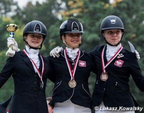 The 2017 Polish Pony Championship podium with  Ewa Golubinska, Zofia Baran, and Julia Bilicka  :: Photo © Lukasz Kowalski