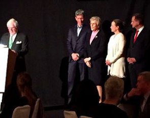 Breido zu Rantzau, Ludger Beerbaum, Madeleine Winter-Schulze, Isabell Werth, Alfons Hörmann at the Golden Rider Cross ceremony in Stuttgart